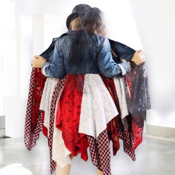 Festival Colorful Tier Asymmetrical Long Lace Jean Jacket -NEW
